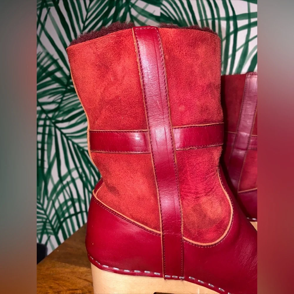 Sweedish Hasbeens Red Leather Shearling Wood Platform Ankle Boots Women’s 39/9 - Picture 10 of 13